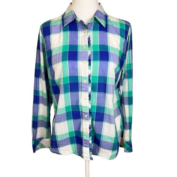 Talbots Spring Plaid Button Down Shirt Ruffle Size Medium Petite EUC - Picture 1 of 6